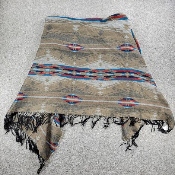 Mudd Womens Poncho Wrap Sweater Tan Aztec Fringe Southwestern Oversized Boho NEW - Picture 8 of 16
